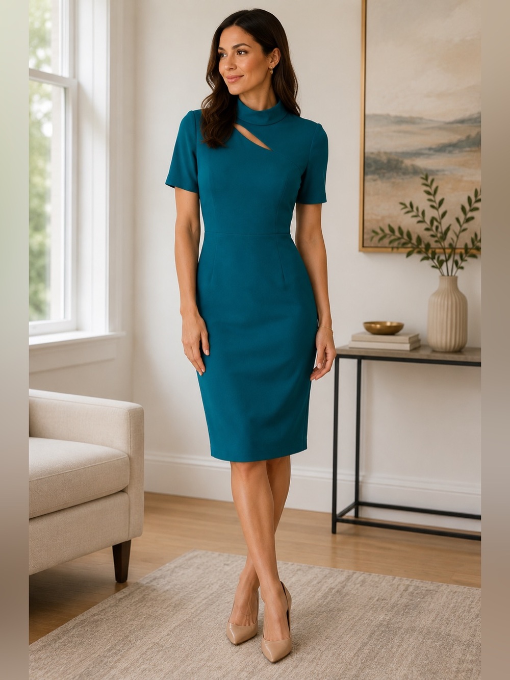 Maggy London Teal Cutout Mock Neck Sheath Dress NWT Size 2